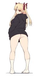 ass back bangs black_hoodie blonde_hair blush bottomless cleft_of_venus closed_mouth earrings ereshkigal_(fate) eyebrows_visible_through_hair fate/grand_order fate_(series) female hair_ornament hands_in_pockets highres hood hoodie long_hair long_sleeves looking_at_viewer looking_back nimji no_panties parted_bangs pussy red_eyes ribbon shiseki_hirame simple_background socks solo suoiresnu sweatshirt third-party_edit twintails white_background white_legwear