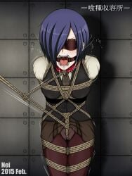 1girls angry arms_behind_back blindfold bondage bondage_harness bound bound_arms bound_breasts bound_legs captive collar crotch_rope female female_only gag gagged hair_over_one_eye kidnapped kirishima_touka medium_breasts nbnl-nei pantyhose purple_hair pussy restrained ring_gag rope rope_bondage shibari shibari_over_clothes slave solo sweating thighs tied_up tokyo_ghoul tongue uniform