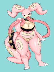 anthro breasts cleavage clothed clothing collar female genitals goodra hi_res hybrid lickitung long_tongue looking_at_viewer nintendo one_eye_closed partially_(disambiguation) pink_body pokémon_(species) pokemon pokemon_(species) pukemilked pussy red_eyes smile solo spiked_collar spikes tongue video_games wink