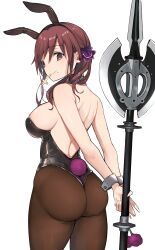 big_ass big_breasts brown_eyes brown_hair bunny_ears bunny_tail bunnysuit crucifix female female_only looking_at_viewer looking_back melty_blood mole_under_mouth noel_(tsukihime) polearm scrunchie sideboob smile solo thick_thighs tsukihime type-moon weapon yuzuruka_(bougainvillea)