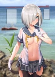 areola_slip areolae black_legwear blue_eyes blurry blurry_background blush breasts closed_mouth collarbone commentary cowboy_shot day eyebrows_visible_through_hair female gloves hair_ornament hairclip hamakaze_(kantai_collection) hand_up highres holding horizon ichikawa_feesu kantai_collection large_breasts looking_away miniskirt navel no_bra ocean open_clothes open_shirt outdoors pantyhose pleated_skirt sailor_collar see-through shiny shirt short_hair short_sleeves silver_hair skirt slq solo template thigh_gap thighs torn_clothes torn_legwear torn_shirt torn_skirt water wet wet_clothes wet_hair wet_shirt white_gloves white_shirt