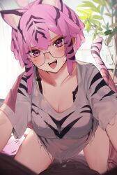 1girls animal_ears assertive cleavage dripping fangs female glasses highres hiiragi_mikoto large_breasts looking_at_viewer melting_clothes monster_girl open_mouth pink_eyes pink_hair plant reaching_out sae_(vtuber) slime slime_clothing slime_girl straps stripes tail tongue virtual_youtuber