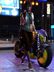 1girls 3d abs chasing_sunsets city city_background cyberpunk cyberpunk_2077 dark-skinned_female dark_skin depth_of_field fanart female female_only high_heels jaye_(chasing_sunsets) jaye_(kentyrr) kentyrr large_breasts motorcycle navel_piercing night no_bra open_shirt outdoor outdoor_nudity outdoors outside pinup public public_nudity sci-fi science_fiction slushe_(website) solo solo_female standing walking