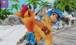 3d 3d_(artwork) anthro beach big_ass big_breasts big_butt big_muscles blue_hair clothing crash_(series) crash_team_racing crash_team_racing_nitro-fueled dick fake_crash furry furry_female furry_male lightningknight megumi_bandicoot partially_clothed penetration penis pussy red_hair smile trophy_girls vaginal_penetration wasarky