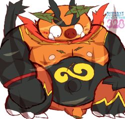 2022 anthro balls belly big_belly black_body blush emboar genitals kemono leaf male minichin_chubby_day nintendo orange_body overweight overweight_male penis pokémon_(species) pokemon small_penis solo tanukizanpika video_games