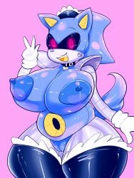 absurd_res anthro bell bell_collar big_breasts blue_body breasts clothed clothing collar eulipotyphlan fangs female genitals gesture gloves handwear hedgehog hi_res legwear machine maid_headdress mammal metal_sonic metal_sonique nipples nude partially_clothed pukemilked pussy red_eyes robot sega smile solo sonic_(series) sonic_the_hedgehog stockings thigh_highs v_sign