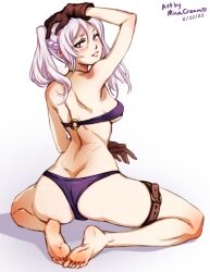 1girls alternate_costume artist_name ass ass_cleavage ass_crack back back_view bare_back barefoot bikini blush breasts butt_crack dated feet female female_only fire_emblem fire_emblem_awakening fire_emblem_heroes from_behind gloves long_hair looking_at_viewer looking_back minacream nintendo o-ring o-ring_bikini o-ring_top official_alternate_costume purple_bikini purple_swimsuit robin_(fire_emblem) robin_(fire_emblem)_(female) shoulder_blades smile soles solo squatting swimsuit thigh_strap toes twintails white_hair