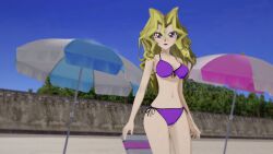 16:9 beach belly belly_button bikini bikini_bottom bikini_top blonde_hair blonde_hair closed_mouth female female female_focus girl kujaku_mai light-skinned light-skinned_female light_skin long_hair looking_at_viewer mai_valentine open_eyes outdoors solo solo_focus standing violet_bra violet_eyes violet_panties yu-gi-oh!