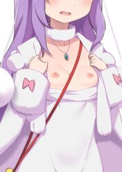 2022 anastasia_hoshin areolae blush breasts breasts_out choker clothing_pull collar echidna_fox_spirit fox hair_ornament hair_ribbon jewel jewelry long_hair long_sleeves morisobo nipples open_mouth presenting purple_hair re:zero_kara_hajimeru_isekai_seikatsu ribbon skinsuit small_breasts standing upper_body white_background white_fox_(studio)