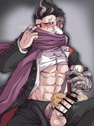 1boy abs blush clothed danganronpa danganronpa_2:_goodbye_despair erection feral four_dark_devas_of_destruction gundham_tanaka hamster light-skinned_male light_skin male male_only muscular muscular_male scar scar_across_eye scarf shia_(lv43) shirt_up solo_focus two_tone_hair veiny_penis zoophilia