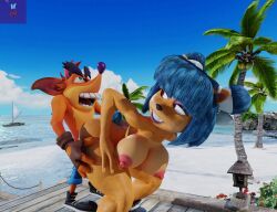 3d 3d_(artwork) absurd_res activision anthro ass bandicoot beach big_butt blue_hair blue_tail breasts clothed clothing crash_(series) crash_team_racing_(series) crash_team_racing_nitro-fueled duo excitation excited_for_sex fake_crash female furry furry_female furry_male hair hand_on_butt hi_res humanoid lightningknight male male/female mammal marsupial megumi_bandicoot nipples partially_clothed penetration seaside smile thick_thighs trash_bandicoot trophy_girls vaginal_penetration video_games wasarky