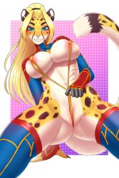 2022 5_fingers amur anthro blonde_hair blue_eyes breasts cheetah clothed clothing cosplay digital_media_(artwork) eyebrows eyelashes felid feline female fingers hair hi_res looking_at_viewer mammal navel smile yellow_fur yellow_hair