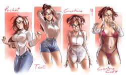 1girls arms_behind_head artist_request big_breasts biting breasts brown_hair busty character_request child_bearing_hips cleavage closed_eyes covered_erect_nipples curtain_call_challenge denim denim_shorts female female_only finger_biting glasses highres jeans large_breasts long_hair looking_at_viewer navel open_clothes panties pants panty_pull ponytail pose sensual shorts smile solo thighs underwear wide_hips