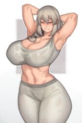 1girls absurd_res armpits arms_behind_head arms_up bangs bare_shoulders blush bra breasts clavicle cleavage closed_eyes clothing curvaceous curves female grey_bra grey_hair grey_pants grey_sports_bra grin hair_over_shoulder hi_res huge_breasts kelvin_hiu long_hair low_tied_hair mature mature_female milf navel pants plain_background simple_background smile solo sports_bra standing tight tight_pants underwear uzaki-chan_wa_asobitai! uzaki_tsuki yoga_pants