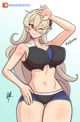 1girls ass_visible_through_thighs bare_thighs breasts corrin_(fire_emblem) corrin_(fire_emblem)_(female) covered_nipples female female_only fire_emblem fire_emblem_fates fire_emblem_warriors grin hair_between_eyes large_breasts long_hair nintendo one_eye_closed raydango red_eyes shorts sideboob solo sweat thick_thighs thighs very_long_hair