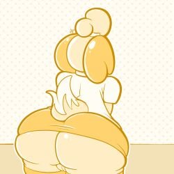 2021 absurd_res animal_crossing anthro ass big_butt canid canine canis domestic_dog genitals hi_res isabelle_(animal_crossing) mammal monochrome nintendo puffylover69 pussy simple_background upskirt video_games yellow_background yellow_theme