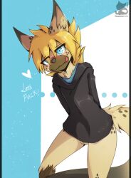 2022 anthro balls black_bars blue_eyes blush bottomless bottomless_anthro bottomless_male clothed clothing genitals heart hi_res hoodie hyaenid looking_at_viewer luxuria male mammal solo topwear