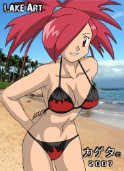 beach bikini black_bikini black_swimsuit black_swimwear flannery_(pokemon) flannery_(pokemon_rse) game_freak gym_leader kageta nintendo pokemon pokemon_rse red_eyes red_hair sakaki_(artist) shore shoreline smile smiling swimsuit swimwear