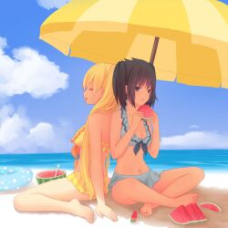 2girls alternate_breast_size ass bare_arms bare_legs bare_shoulders barefoot beach bikini bikini_bottom bikini_top black_eyes black_hair blonde_hair breast_size_difference breasts cleavage closed_eyes clothed clothing cute duo duo_focus feet female female_focus female_only gender_transformation genderswap genderswap_(mtf) kneeling light-skinned_female light_skin medium_breasts naruko naruto naruto_(series) naruto_shippuden ocean on_knees petite revealing_clothes rule_63 sasuke_uchiha sasuko sexy_no_jutsu short_skirt shounen_jump sitting skirt small_breasts swimsuit tied_hair toes twintails uzumaki_naruto watermelon yellow_bikini yellow_hair yellow_swimsuit yuri