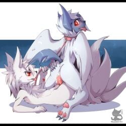 2022 absol anthro black_bars blush collar fur hi_res leash luxuria male male/male ninetales nintendo pokémon_(species) pokemon pokemon_(species) sex shiny_ninetales shiny_pokemon tongue tongue_out underpaw video_games