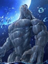 2022 abs absurd_res anthro bara bathing black_nose blaidd_(elden_ring) canid canine canis claws closed_eyes elden_ring fangs finger_claws fur genitals grey_body grey_fur head_back hi_res humanoid_hands male male_only mammal moon muscular muscular_anthro muscular_male navel night nipples nude partially_submerged pecs penis signature skinny_dipping solo solo_male standing standing_in_water teeth vein veiny_muscles veiny_penis waddledox water wet wet_body wet_fur wolf