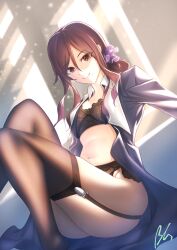 1girls black_bra black_panties bra brown_eyes brown_hair female female_only garter_straps lace-trimmed_bra lace-trimmed_panties legs lingerie looking_at_viewer mole_under_mouth noel_(tsukihime) nylons open_clothes open_jacket open_shirt panties ponytail sheer_legwear side_ponytail smile solo stockings thick_thighs thighhighs thighs thighs_together tsukihime type-moon