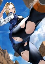 alternate_version_available android_18 big_breasts big_butt blonde_hair dragon_ball dragon_ball_z kicking muscular_thighs panties ripped_clothing yoshi55level yoshio_(55level)