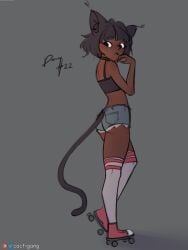 1girls animal_ears ass cactigang cat_ears cat_tail choker clothed_female clothing dark-skinned_female dark_skin female female_only grey_background hotpants kemono kemonomimi kneesocks long_socks looking_at_viewer looking_to_the_side monster_girl roller_skates short_shorts standing tail watermark