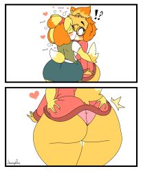 !? 2022 2girls animal_crossing anthro ass ass_grab big_ass blush canid canine canis clothed clothing derpybelle drunk female female_only fur furry furry_only heart isabelle_(animal_crossing) jhenightfox kissing nintendo panties pink_panties tail text underwear yuri