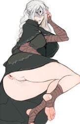 anus ass barefoot blush cleft_of_venus dark_souls dark_souls_3 feet female fire_keeper fromsoftware highres long_hair lying mask no_panties on_side parted_lips pussy scas scathegrapes silver_hair smile soles solo toes white_background