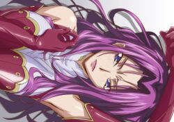 angry armpits arms_up bare_shoulders blue_eyes blush breast_squeeze breasts code_geass cornelia_li_britannia detached_collar elbow_gloves female gloves kyabakurabakufu large_breasts long_hair looking_at_viewer lying on_back purple_hair raised_eyebrows solo upper_body