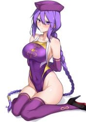 arms_behind_back beret big_breasts blush braid braided_hair elbow_gloves embarrassed female female_only gloves halcon hat high_heels highleg_swimsuit long_hair looking_at_viewer melty_blood one-piece_swimsuit purple_eyes purple_hair purple_thighhighs sideboob sion_eltnam_atlasia sitting solo sweatdrop swimsuit thighhighs type-moon very_long_hair wariza