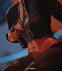 1girls 3d abs alternate_hairstyle artist_name athletic belly_button_piercing blizzard_entertainment cleavage clothed cubism3d egyptian egyptian_female facing_viewer fareeha_amari female female_only female_protagonist fit fit_female heroine human indoors lace-trimmed_bra leather leather_jacket lingerie looking_at_viewer muscular opening_jacket overwatch pharah pierced_belly_button short_hair sitting skin_tight solo tattoo twitter_username wet