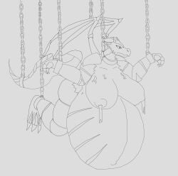 absurd_res anthro belly breasts cell_(disambiguation) chains dragon female hanging_bondage hanging_breasts hi_res horn milk pauliusthemad pregnant prison solo vein vwpologt wings