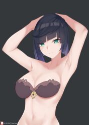 1girls amai-pai armpit_focus armpits bangs blue_hair covering_breasts eyebrows_visible_through_hair female female_focus female_only genshin_impact green_eyes medium_breasts patreon patreon_username tagme yelan_(genshin_impact)