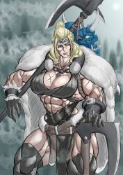 1girls axe blonde_hair decapitated extreme_muscles female_only gloves large_breasts muscular_arms muscular_female muscular_thighs pelvic_curtain revealing_clothes scars viking zohanmohan