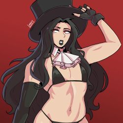 1femboy ambiguous_gender androgynous bikini black_hair black_lipstick feminine_male fingerless_gloves girly gloves guilty_gear guilty_gear_strive lipstick loggus_doggus long_hair makeup micro_bikini midriff otoko_no_ko swimsuit testament_(guilty_gear) thick_lips toned top_hat trap