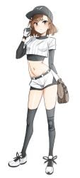 1girls absurd_res alternate_costume axfa bangs baseball baseball_cap baseball_glove baseball_uniform belt black_legwear black_socks blush brown_eyes brown_hair closed_mouth embarrassed female female_only flat_chest gloves hair_ornament hat hi_res human kiritzugu light-skinned_female light_skin looking_at_viewer midriff misaka_mikoto navel playing_with_hair shoes short_hair short_shorts shorts simple_background skinny_girl small_breasts socks socks_and_shoes solo sports_uniform sportswear teenage_girl teenager thigh_socks thighhighs tight_clothing to_aru_kagaku_no_railgun to_aru_majutsu_no_index white_background young