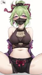 1girls blush breasts face_mask female genshin_impact green_hair highres kuki_shinobu looking_at_viewer mask navel ninja purple_eyes shinoillust shorts spread_legs