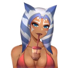 1girls ahsoka_tano alien alien_girl alien_humanoid bare_shoulders big_breasts bikini bikini_top blue_eyes breasts bubble_tea bubble_tea_challenge cleavage clone_wars commission drink drinking eyelashes eyes facial_markings female female_only front_view headband horn humanoid lekku lips looking_at_viewer markings mistybayyy object_between_breasts open_eyes orange_body orange_skin red_clothing solo star_wars straw teeth tentacle tentacle_hair the_clone_wars:_season_seven togruta upper_body white_markings