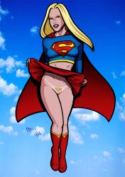 blonde_hair boots cape crop_top dc dc_comics female female_focus female_only flying girl half_naked half_nude kara_zor-el looking_at_viewer no_panties pubes pubic_hair pussy seestaar skirt skirt_lift supergirl superheroine superman_(series) tanline tanlines