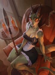 1girls 5_fingers anthro argonian beer bethesda_softworks big_breasts black_nails black_pupils bonifasko breast chair cleavage eyebrows eyelashes female female_only furry furry_female furry_only green_body horns lifts-her-tail looking_at_viewer lusty_argonian_maid maid maid_uniform open_mouth reptile reptile_humanoid scales scalie scalie_female scalie_humanoid scalie_only sitting sitting_on_chair skyrim solo solo_female spear table tagme tail teeth teeth_showing the_elder_scrolls weapon wooden_floor yellow_eyes yellow_iris