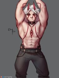 1boy abs arataki_itto armpits arms_up cactigang demon_horns genshin_impact grey_background horns looking_at_viewer male male_only markings muscles muscular muscular_male red_eyes shirtless tattoo tattoos watermark white_hair