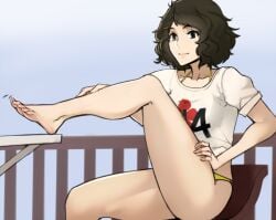 1girls barefoot bikini black_eyes black_hair calves feet female female_only highres inner_thighs perfect_legs persona persona_5 sadayo_kawakami scas scathegrapes shirt sitting solo swimsuit swimwear t-shirt thighs toes