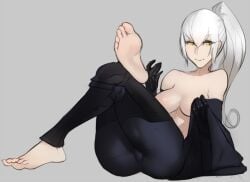 barefoot breasts dark_souls dark_souls_3 feet female fromsoftware long_hair looking_at_viewer medium_breasts pale_skin ponytail scas scathegrapes silver_hair sitting smile soles solo toes topless yellow_eyes yuria_of_londor