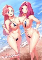 2girls areolae artist_name asymmetrical_bangs asymmetrical_docking asymmetrical_hair bangs beach bikini black_bikini blue_eyes blush breast_press breasts code_geass collarbone commission cornelia_li_britannia day euphemia_li_britannia hand_on_hip highres large_breasts long_hair looking_at_viewer lulu-chan92 micro_bikini multiple_girls navel nipples ocean open_mouth outdoors parted_bangs parted_lips pink_hair purple_eyes purple_hair siblings sisters sling_bikini slingshot_swimsuit smile standing string_bikini swimsuit v very_long_hair