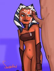 1boy 1girls ahsoka_tano alien alien/human alien_girl alien_humanoid anakin_skywalker background big_penis blue_eyes bodily_fluids bottomless bottomless_female breasts bukkake clone_wars cum cum_on_body cum_on_breasts cum_on_clothes cum_on_face cum_on_upper_body erection eyelashes eyes female fingerless_gloves flat gloves happy human human_on_humanoid humanoid interspecies light-skinned_male light_skin male navel open_eyes orange_body orange_skin partial_male partially_clothed penis purple_background red_clothing sassafras shirt simple_background sleeveless small_breasts smile smirk smug smug_face standing star_wars strapless the_clone_wars:_season_one togruta tubetop unseen_male_face vambraces watermark white_markings young