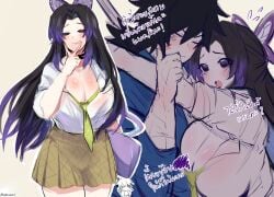 alternate_hairstyle big_breasts black_hair blush butterfly_hair_ornament cleavage cunnilingus_gesture demon_slayer female gyaru huge_breasts kimetsu_no_yaiba kochou_shinobu kurenaiz1 long_hair looking_at_viewer male miniskirt necktie purple_eyes school_uniform smile teacher_and_student tomioka_giyuu tongue_out two_tone_hair