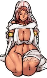 breasts brown_hair cleavage closed_eyes dark-skinned_female dark_skin dark_souls detached_sleeves female fromsoftware huge_breasts long_hair muscular muscular_female no_panties queen_of_sunlight_gwynevere scas scathegrapes seiza simple_background sitting smile solo thick_thighs thighs veil