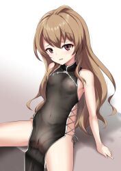 1girls aisaka_taiga bangs bar_censor bare_shoulders black_dress blush breasts brown_eyes brown_hair censored china_dress chinese_clothes clothing commentary_request cowboy_shot dress female flat_chest light_blush long_hair nipples no_panties parted_lips rumiya9i see-through see-through_clothing see-through_dress sitting sleeveless small_breasts solo toradora!